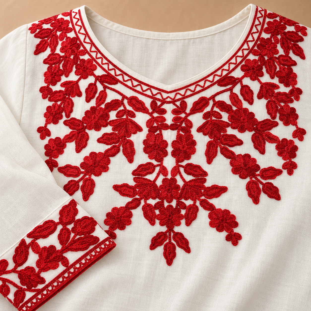 Ivory & Crimson Embroidered Rayon Short Top with Slit Sleeves
