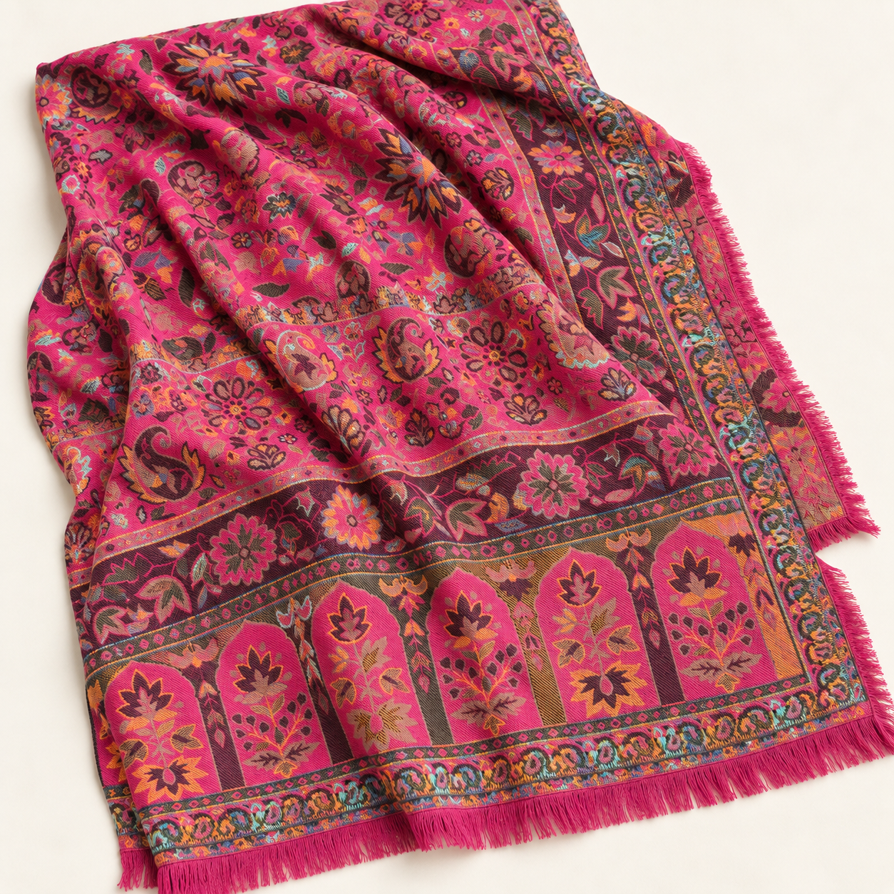 Fuchsia Pink Multicolour Floral Kani Shawl