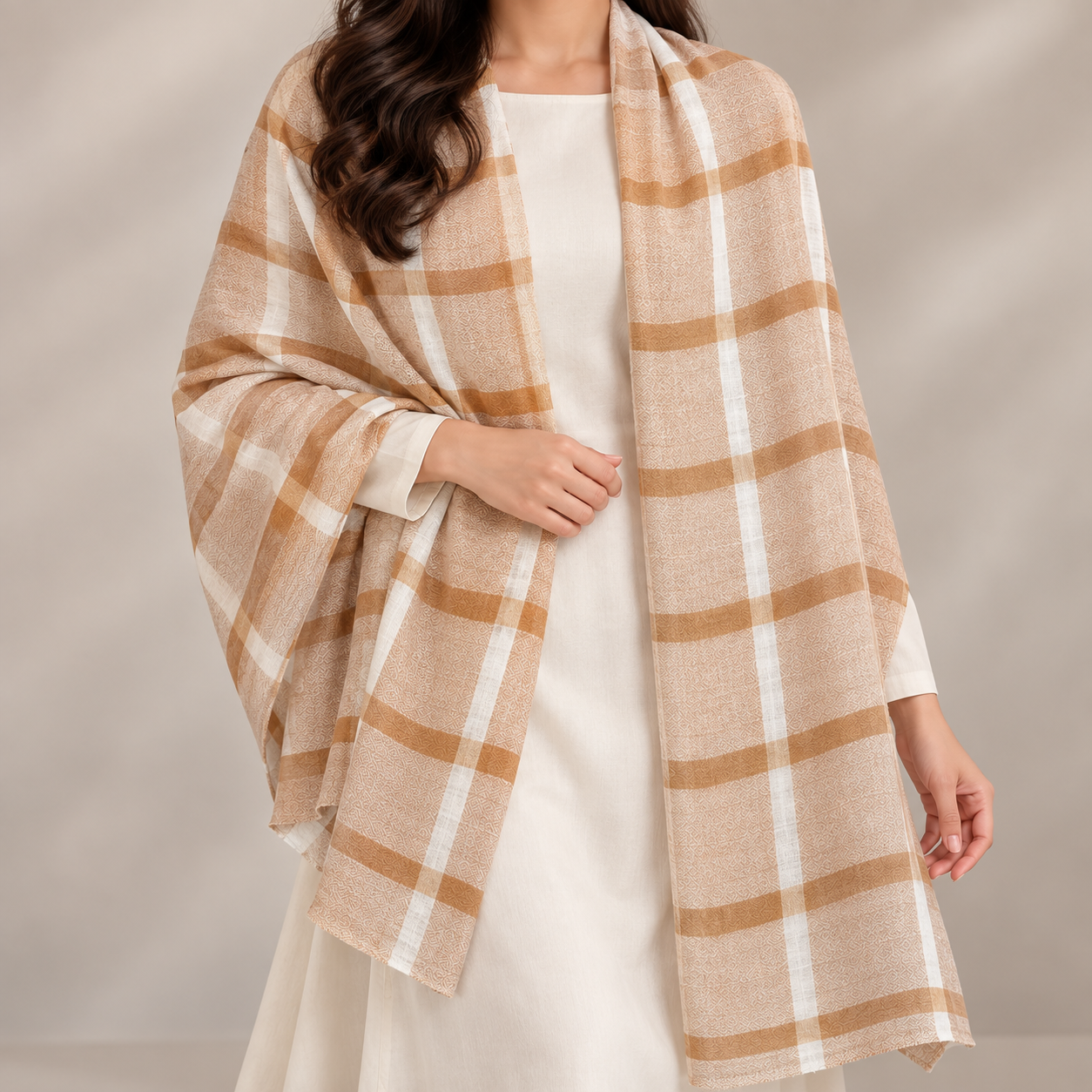 Beige & Ivory Check Fine Wool Shawl