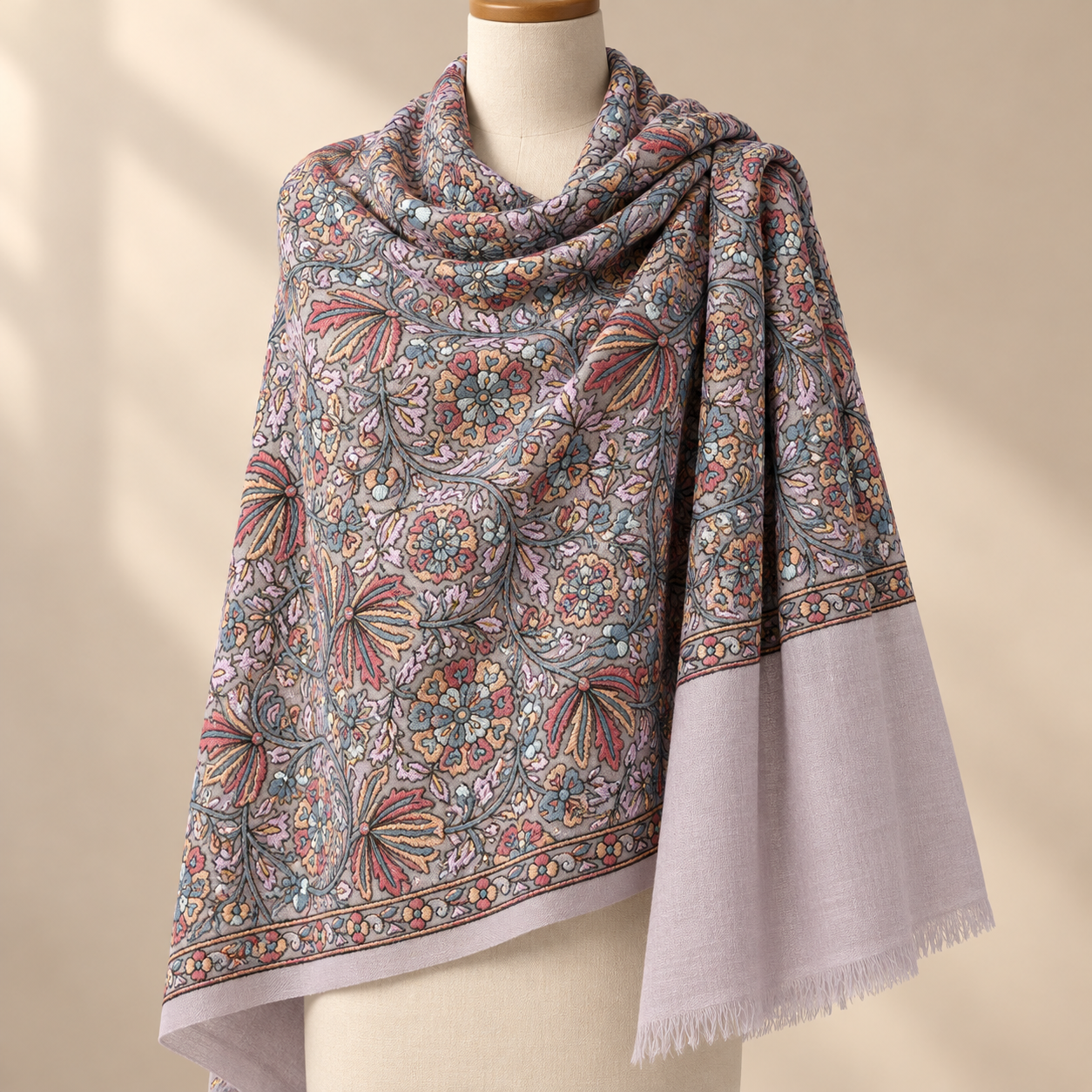 Lavender Floral Sozni Jamawar Fine Wool Shawl