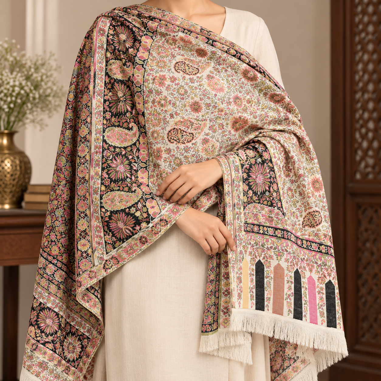 Ivory Multicolour Floral Kani Shawl