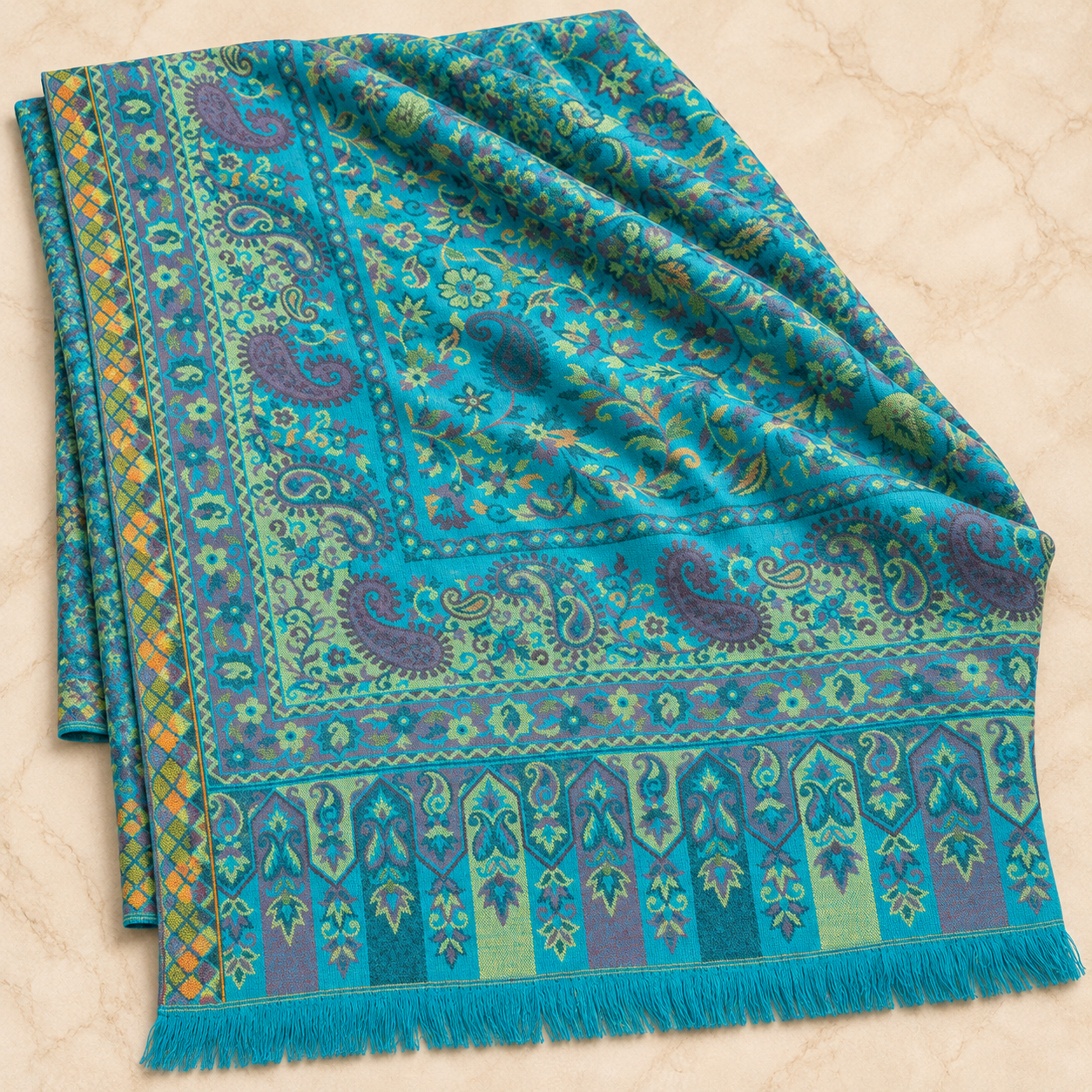 Turquoise Blue Floral Paisley Kani Shawl