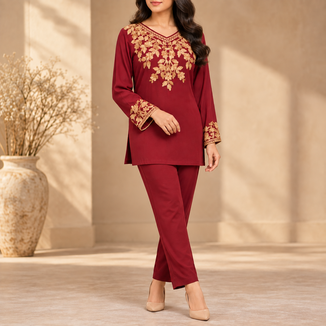 Maroon & Gold Embroidered Rayon Short Top with Slit Sleeves