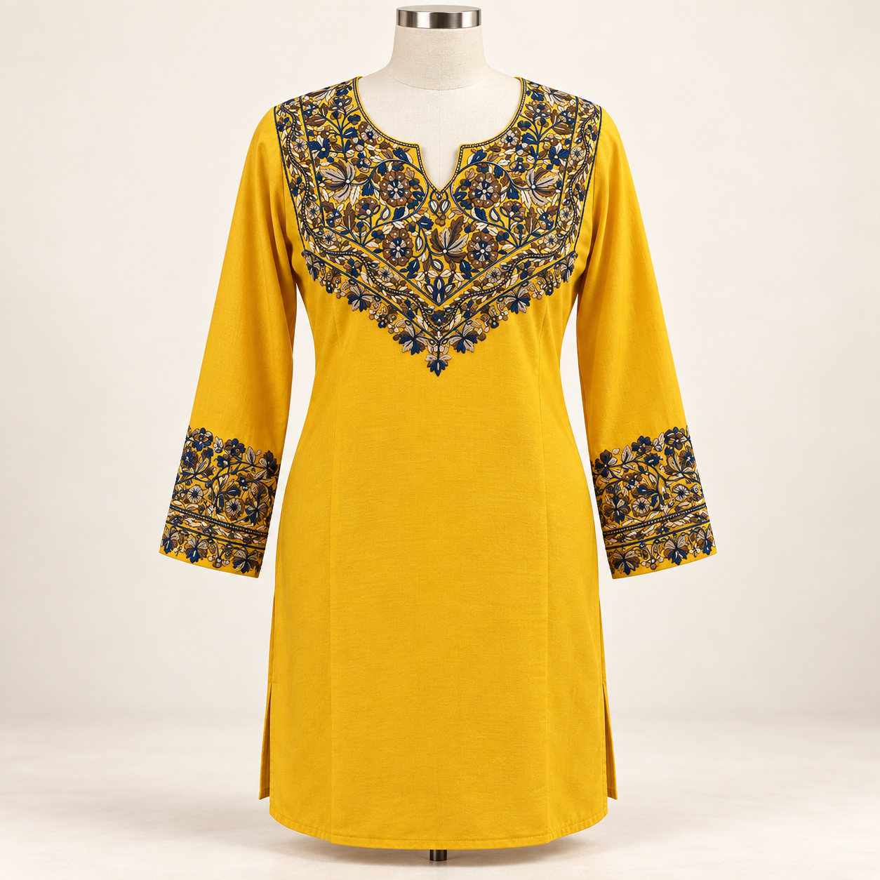 Mustard Yellow Paper Mache Embroidered Short Kurti