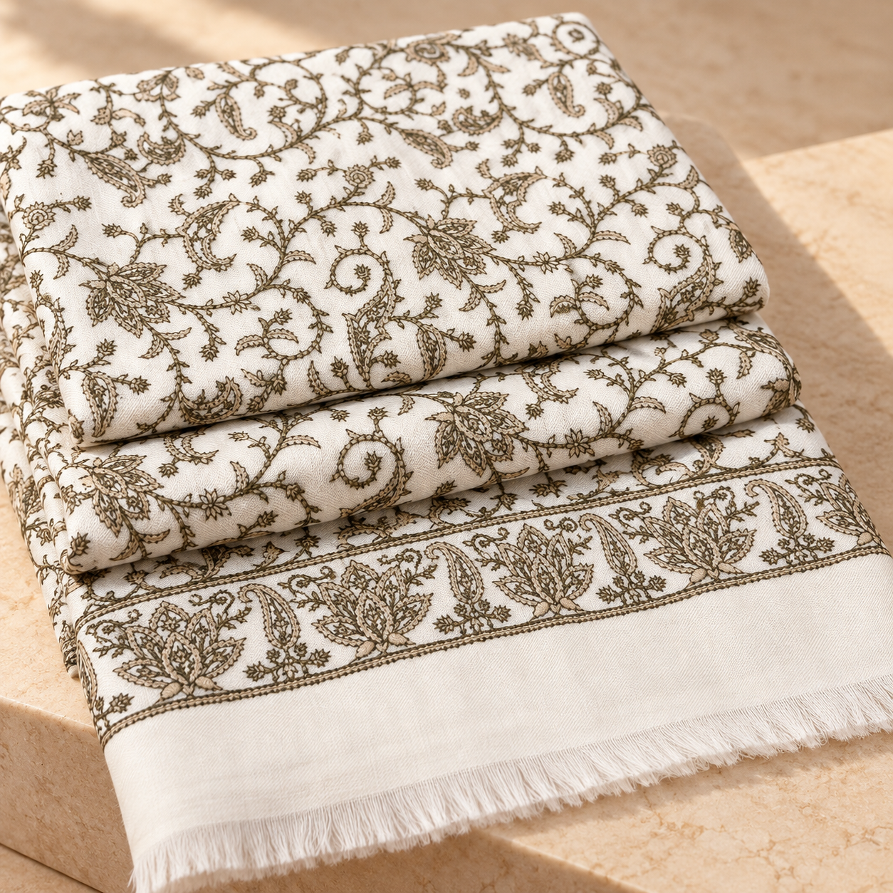 Ivory Floral Vine Machine Sozni Fine Wool Shawl