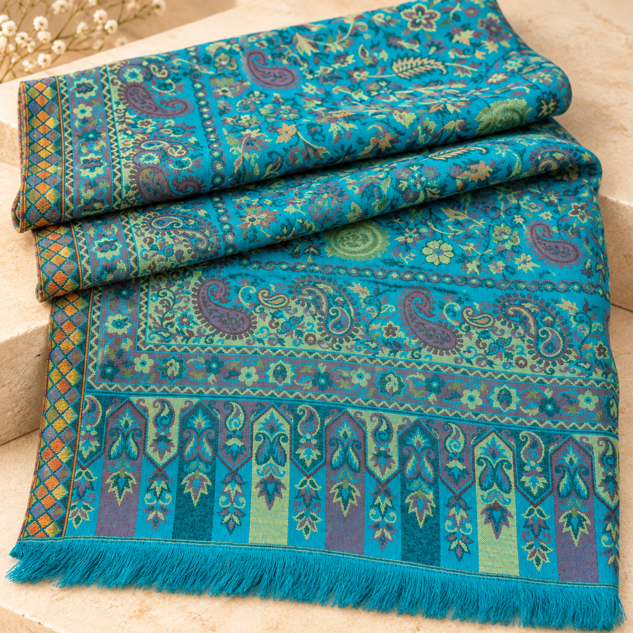 Turquoise Blue Floral Paisley Kani Shawl