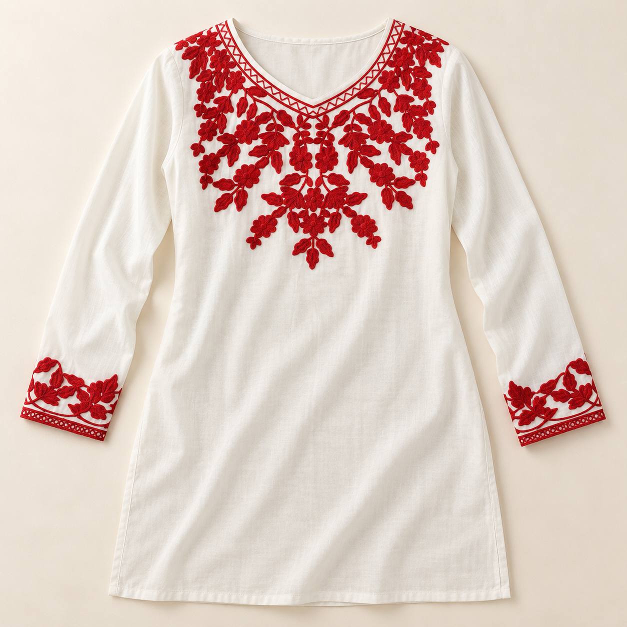 Ivory & Crimson Embroidered Rayon Short Top with Slit Sleeves