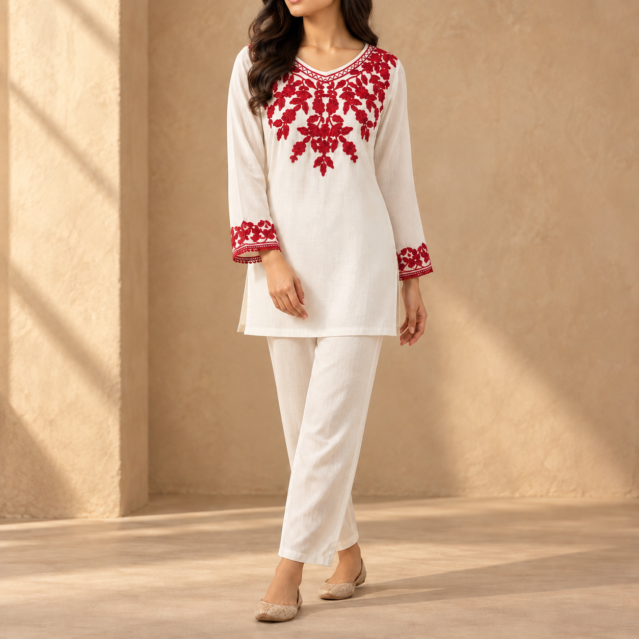 Ivory & Crimson Embroidered Rayon Short Top with Slit Sleeves