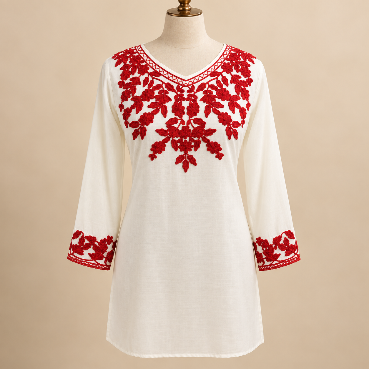Ivory & Crimson Embroidered Rayon Short Top with Slit Sleeves