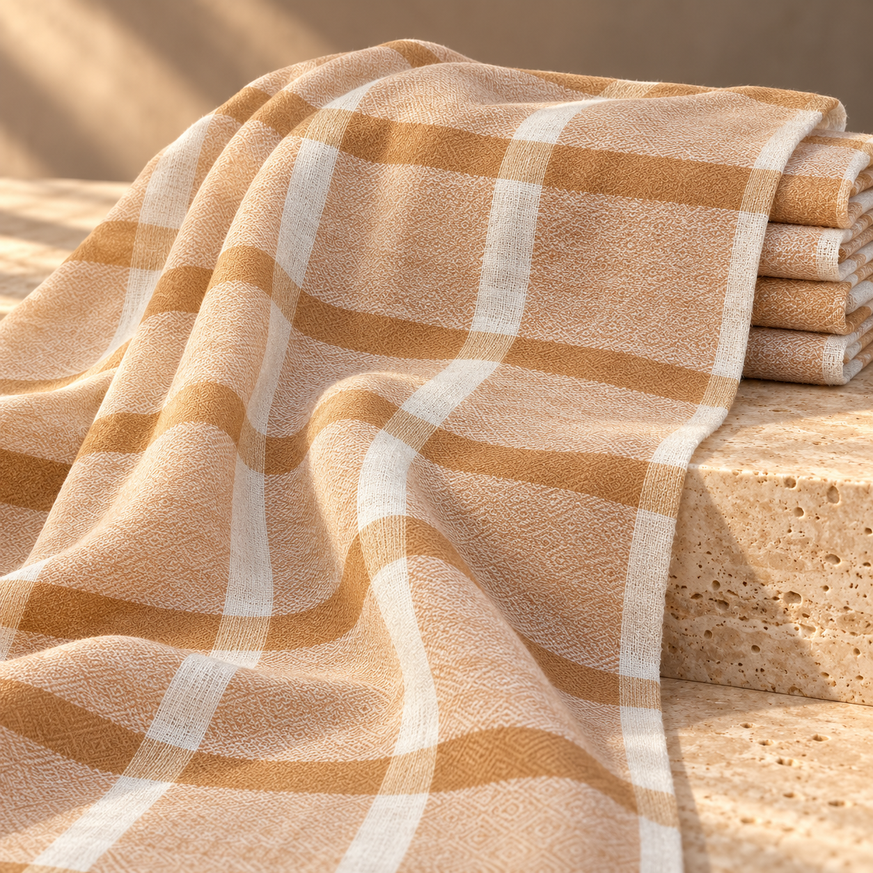 Beige & Ivory Check Fine Wool Shawl
