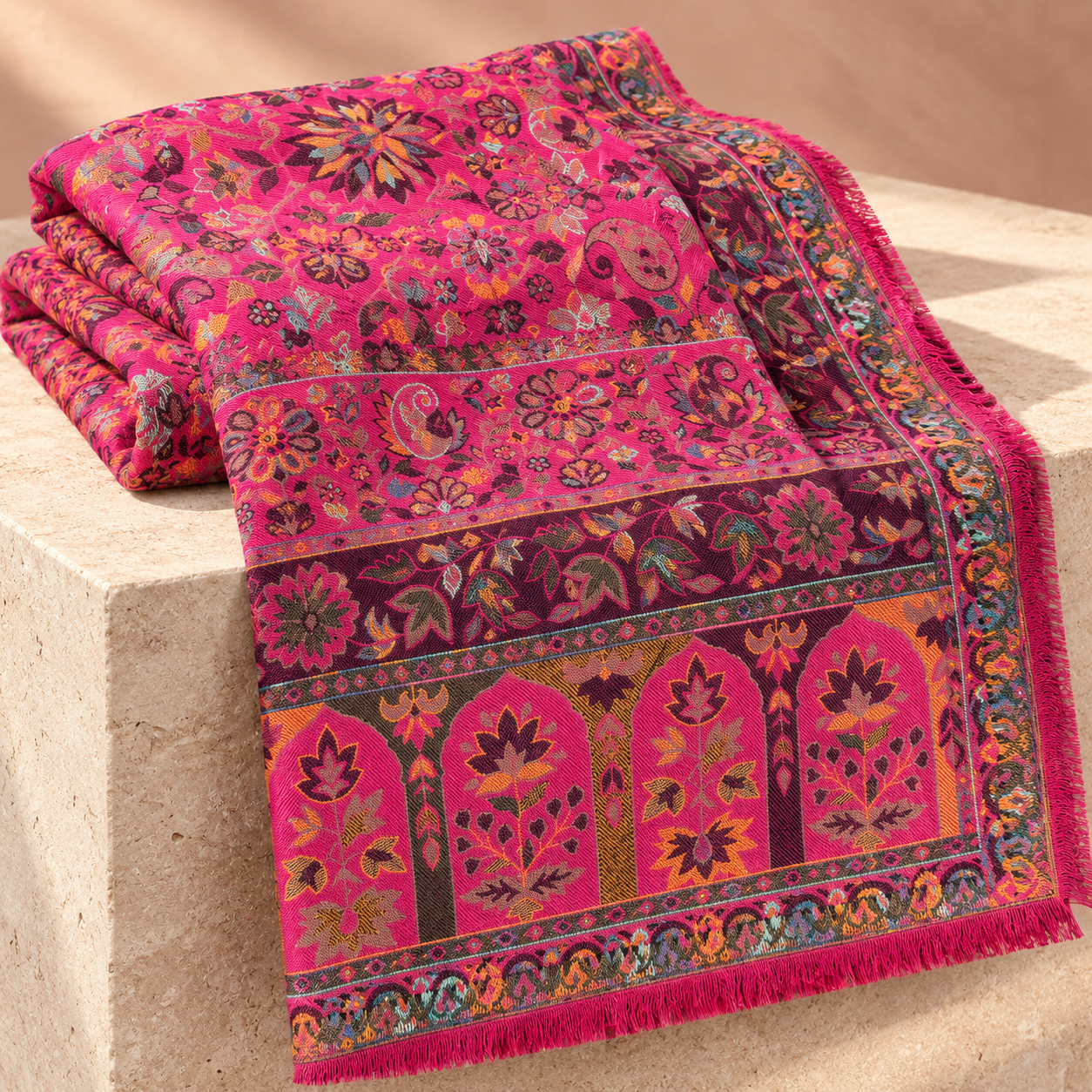 Fuchsia Pink Multicolour Floral Kani Shawl